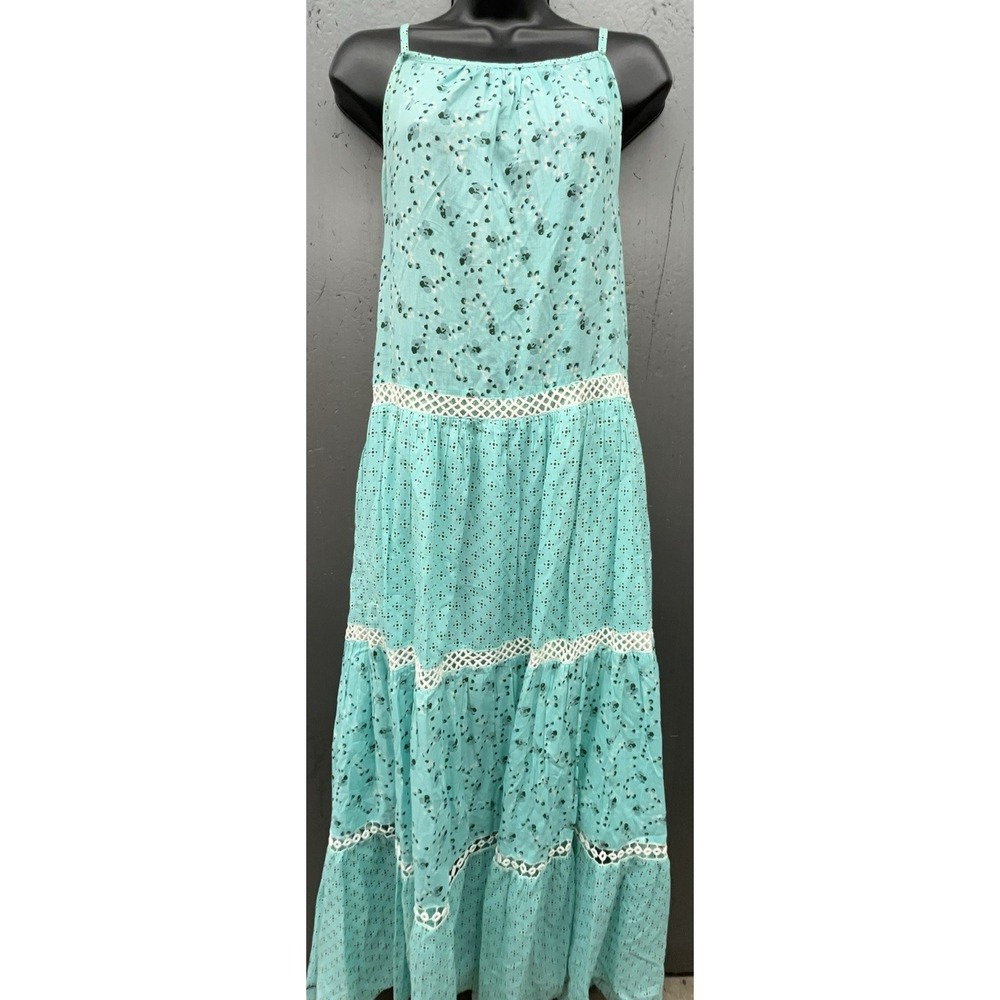 Tiered Cotton Dress S/M Aqua Green Patchwork Floral Crochet Cottage Boho Beach